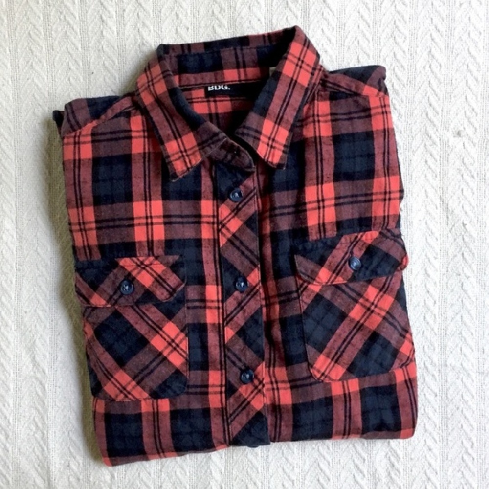 UO BDG Flannel Plaid Button Down in Pink and Blue